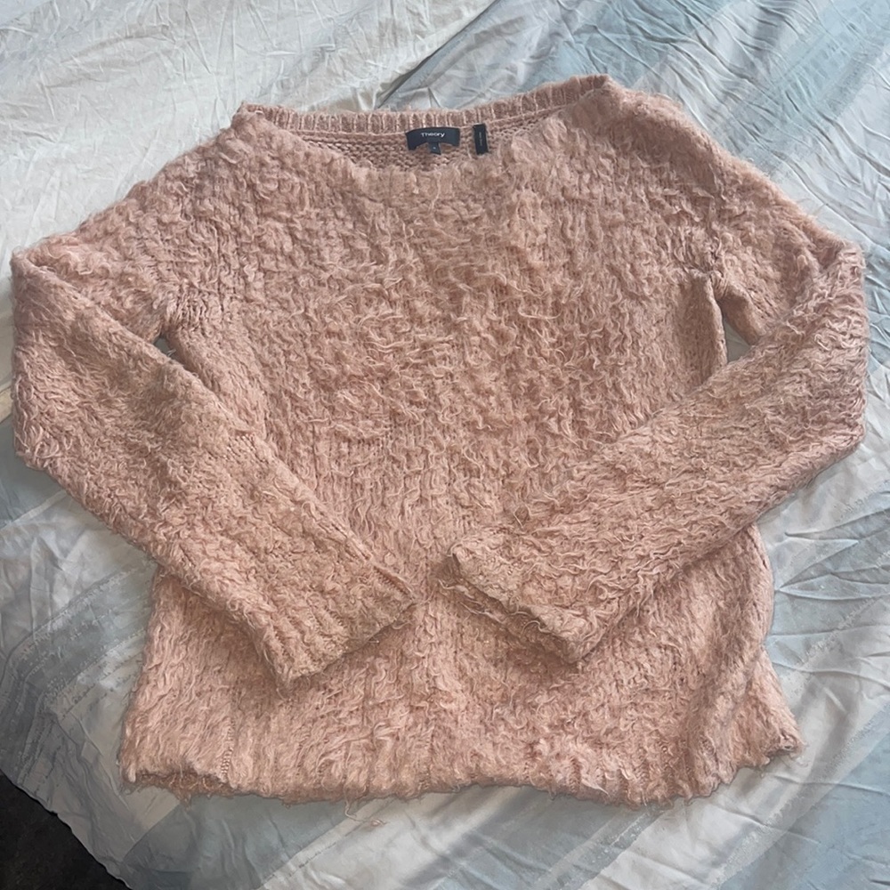 Theory 100% silk blush colored fuzzy sweater